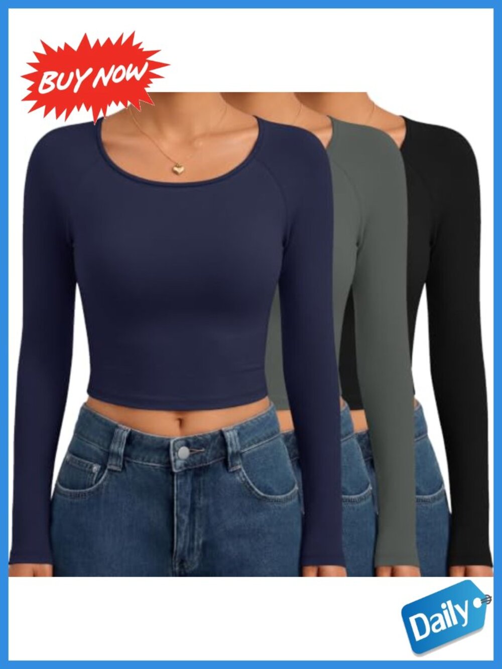 Long Sleeve Crop Tops Scoop Neck Raglan Shirts Slim Fit 3 Pack